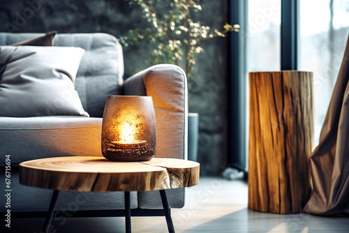 Close up of grunge glass jar with burning candle on wooden live edge accent coffee table against grey sofa. Minimalist loft home interior design of modern living room. photo