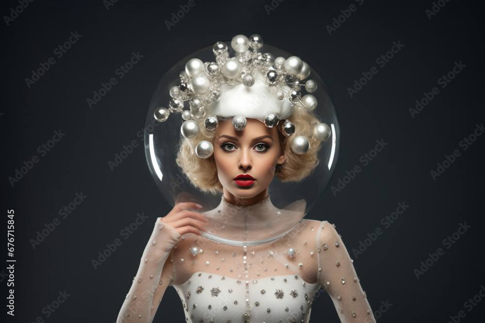 Portrait of a beautiful blond hair girl with decorative christmas baubles and fashion party dress. Xmas celebration and festive concept