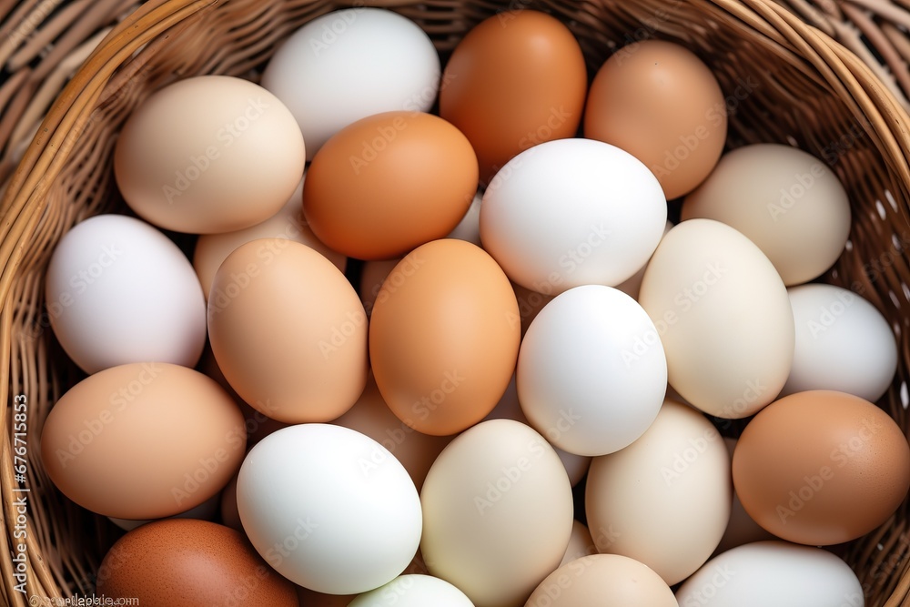 white, brown, or yellow chicken eggs in a basket. white, brown, or yellow chicken eggs in a basket.