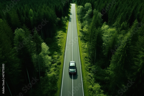 Car Journey through Green Woodlands, Aerial View © M.Gierczyk