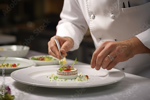 a chef is making food in front of a white plate, waiter serving food