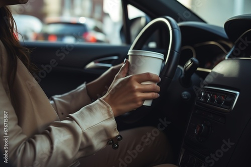 lady is holding a coffee cup in her car, a woman driving a car © Graph Squad