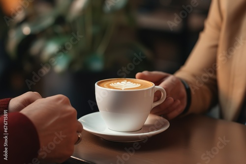 business associates talking at the coffee shop, person holding a cup of coffee
