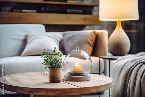 Close up of round glass jar with burning candle on rustic wooden coffee table. Lamp on side table near grey sofa. Minimalist loft home interior design of modern living room. photo