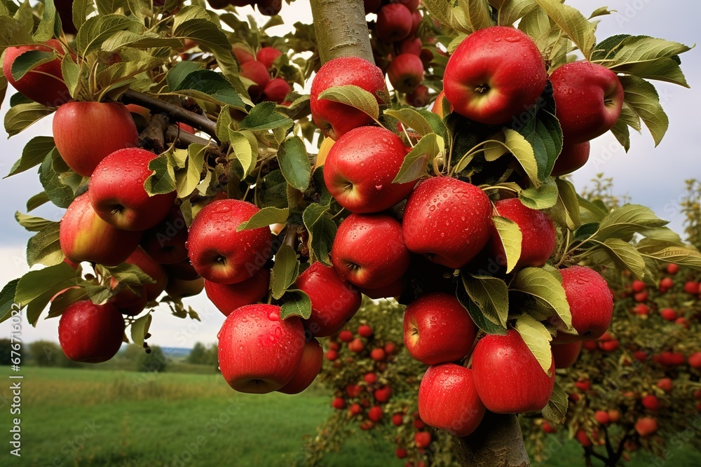 Obraz premium an apple tree filled with red apples, red apples on a tree