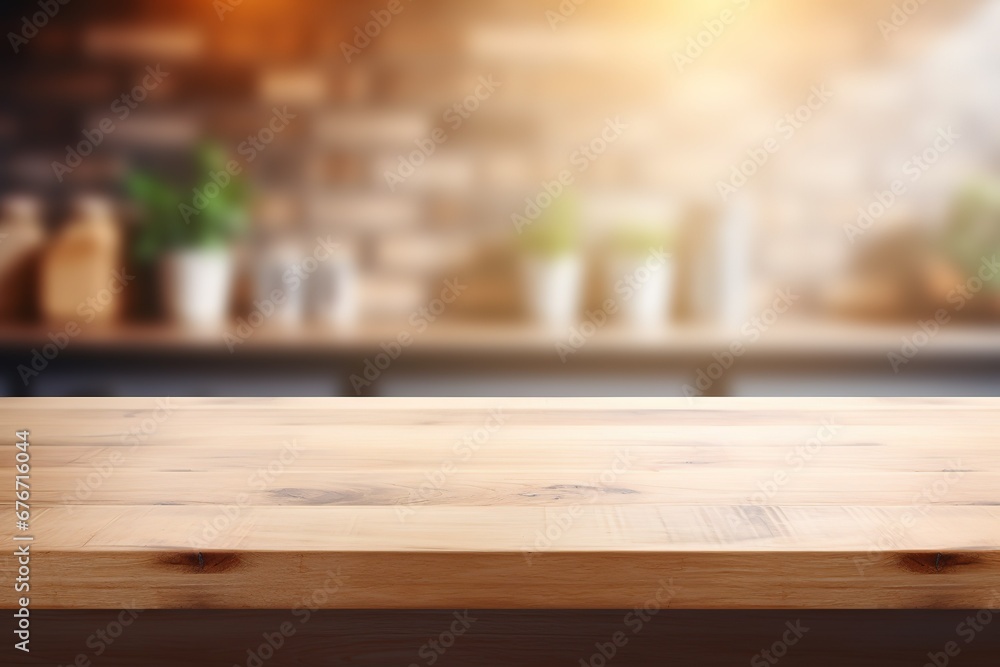 a wooden table with a blurred background in the kitchen background