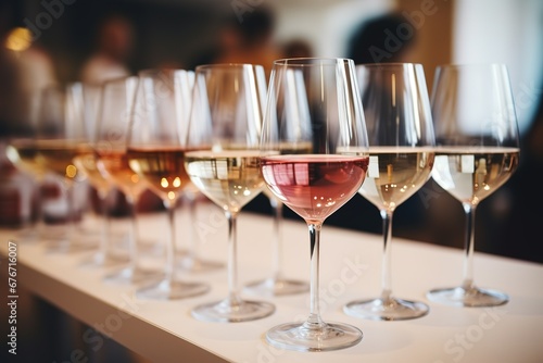 a wine taste with colored glasses on a table, glasses of wine