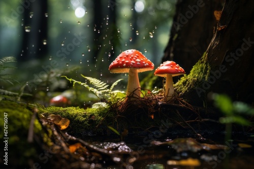 Toadstools on the forest floor Generative Ai