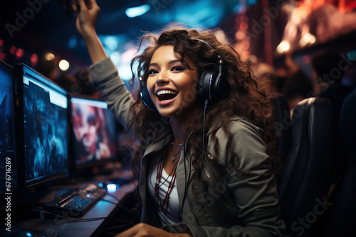 happy black girl winner esports player with headphones playing at the computer at online games championship