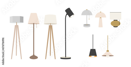 Vector modern lamp icons in Scandinavian style isolated. Vector set of night lights. Interior decor for bedroom, living room.