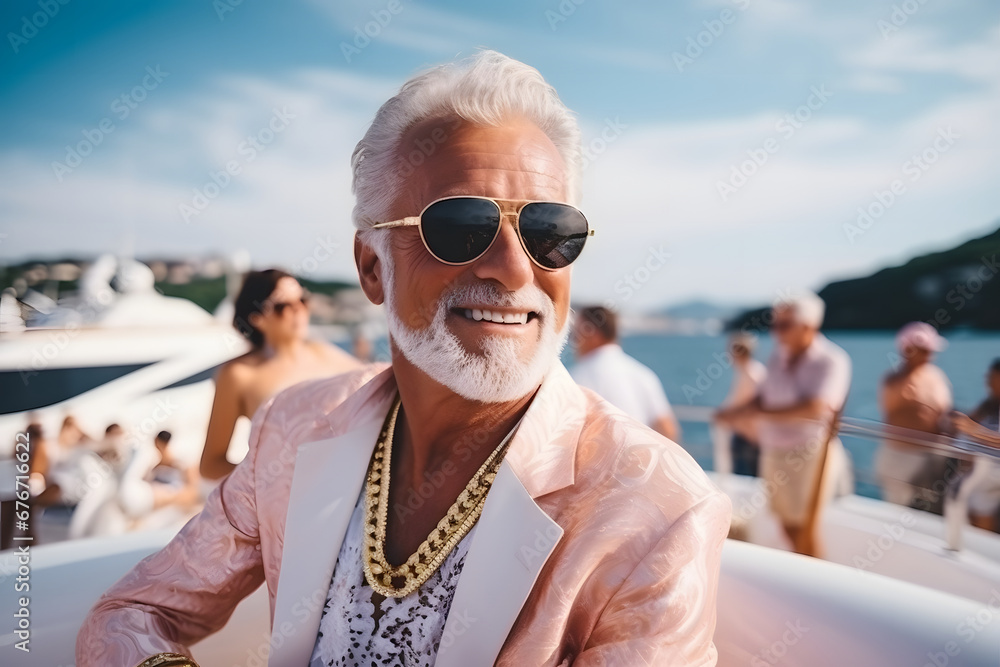Rich mature man enjoying in a boat