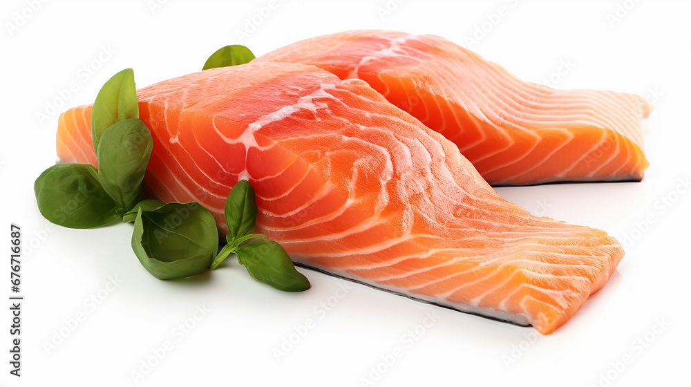 Fresh salmon with basil isolated on white background. Made with generative ai Fresh salmon with basil isolated on white background. Made with generative ai