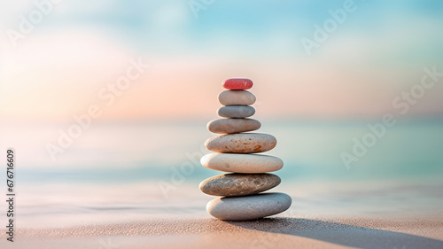 Zen stone tower with peaceful sea and sky bokeh