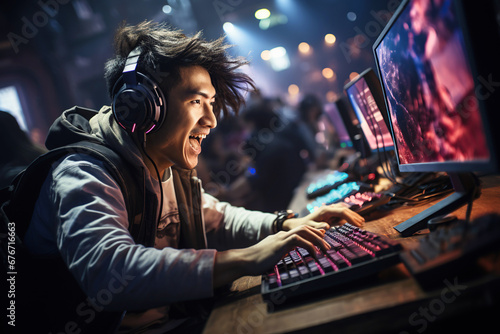 happy male teen asian esport player playing at computer at the cybersport championship