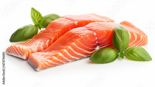 Fresh salmon with basil isolated on white background. Made with generative ai