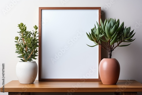 Modern minimalist interior with a mockup frame or canvas on a wooden shelf or table. Beautiful vases with indoor plants on the table. Plain and clean wall in the background. Modern interior concept