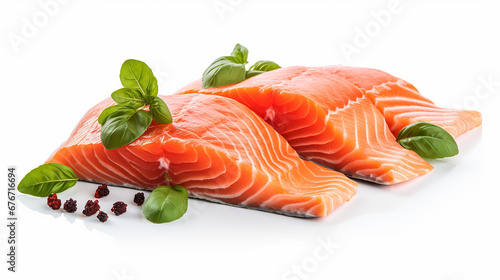 Fresh salmon with basil isolated on white background. Made with generative ai