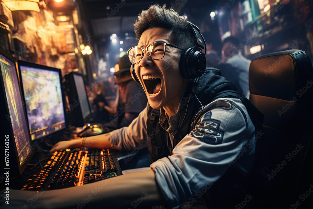 happy Asian male esport player laughs and is happy to win online games cybersport championship