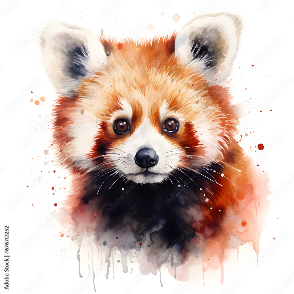 Obraz premium Red Panda watercolor painting with white background. Generative ai. 