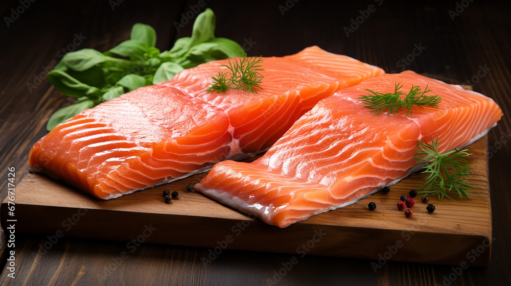 Fresh salmon with basil isolated on wooden background. Made with generative ai Fresh salmon with basil isolated on wooden background. Made with generative ai