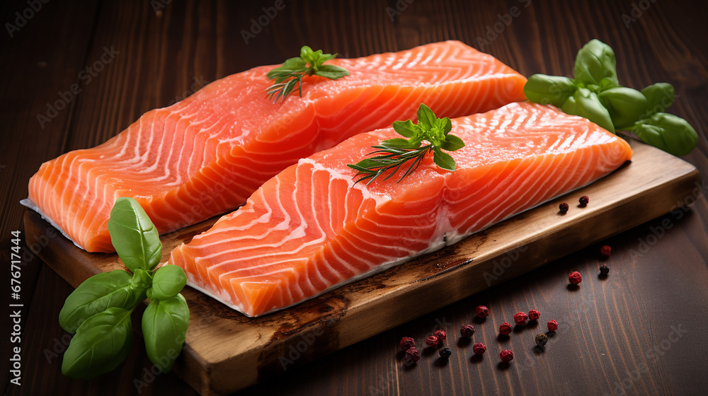 Fresh salmon with basil isolated on wooden background. Made with generative ai Fresh salmon with basil isolated on wooden background. Made with generative ai