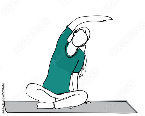  line art drawing of a pregnant woman practicing yoga. Prenatal Yoga and Restorative yoga classes. Positive psychology. Relax and practice presence of mind concept. Maternal and baby health. hijabi
