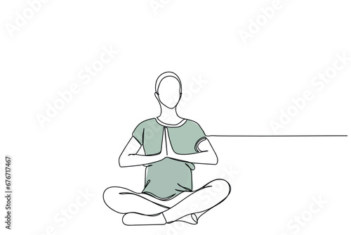  line art drawing of a pregnant woman practicing yoga. Prenatal Yoga and Restorative yoga classes. Positive psychology. Relax and practice presence of mind concept. Maternal and baby health. hijabi