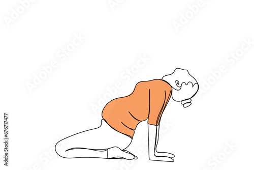  line art drawing of a pregnant woman practicing yoga. Prenatal Yoga and Restorative yoga classes. Positive psychology. Relax and practice presence of mind concept. Maternal and baby health. hijabi