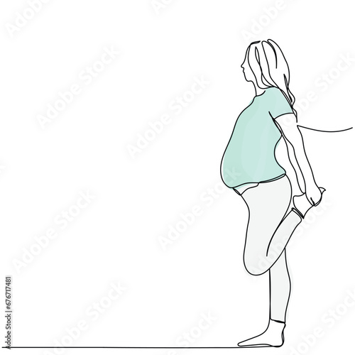  line art drawing of a pregnant woman practicing yoga. Prenatal Yoga and Restorative yoga classes. Positive psychology. Relax and practice presence of mind concept. Maternal and baby health. hijabi