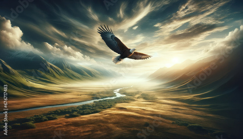 Stunning image of a majestic eagle in mid-flight over an expansive landscape, symbolizing the power and grace of freedom
 photo