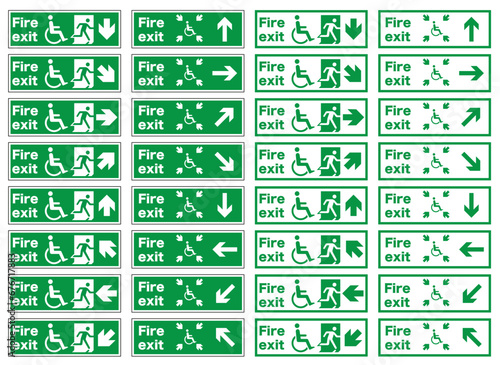 Fire exit signs. Set of emergency exit and fire exit signs, emergency exit direction.