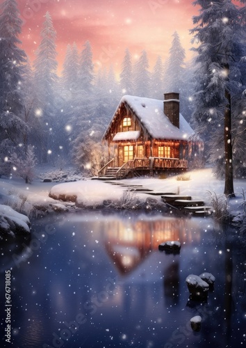 Cozy cabin in wild nature. Landscape covered with snow. Winter concept. © Simona