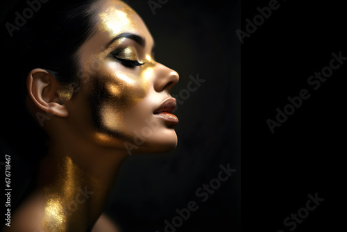 Fashion editorial Concept. Closeup portrait of stunning pretty woman with chiseled features, gold shiny glitter makeup. illuminated with dynamic composition and dramatic lighting. copy text space 
