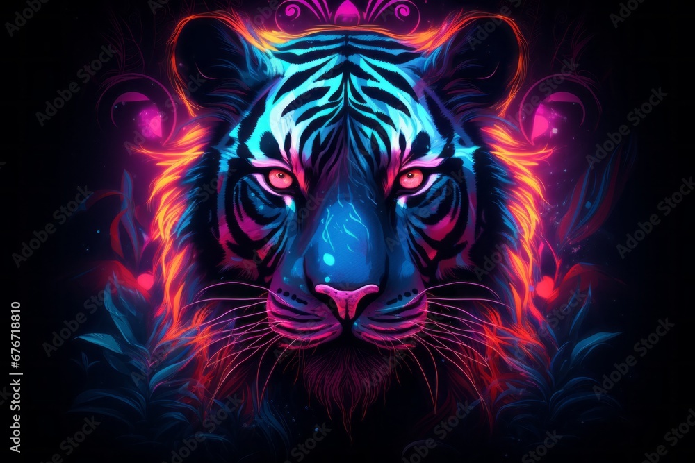 Portrait of a neon colored tiger head Generative Ai