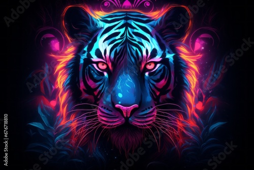 Portrait of a neon colored tiger head Generative Ai