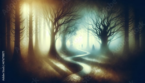 Dreamlike image of a foggy forest with a winding path and hinted mysterious figures  evoking a sense of wonder and the unknown 