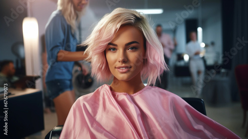 Beautiful blonde woman getting her hair styled, styling before show, haircut, model