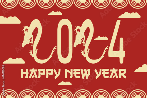 Design big horizontal New Year banner with Dragon. Template calendar cover with Chinese symbol 2024 New Year. Asian celebration card. Vector illustration.