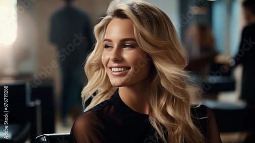 Beautiful blonde woman getting her hair styled, styling before show, haircut, model photo