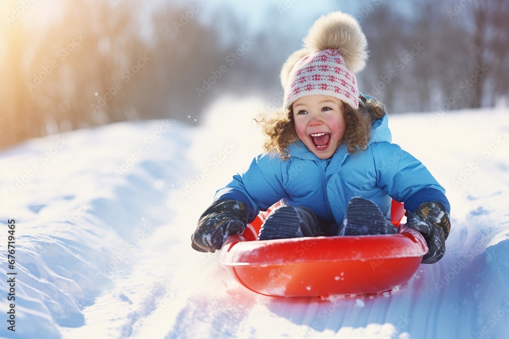a Happy child rides a Tubing slide, Winter fun, Hobby recreation. a Happy child rides a Tubing slide, Winter fun, Hobby recreation.