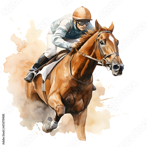 A jockey riding a horse watercolor painting. Generative ai. 