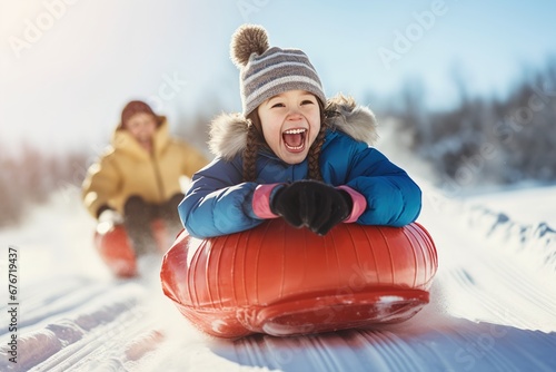 a Happy child rides a Tubing slide, Winter fun, Hobby recreation.