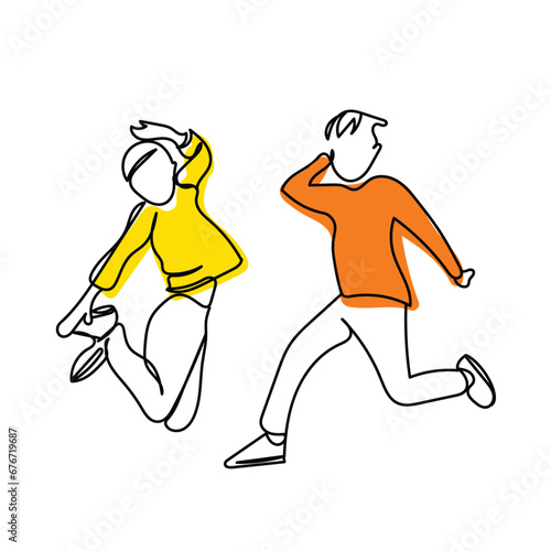 line art drawing of excited preteen kids. Adolescents jumping out of sheer joy. Cognitive developments of tweens. Positive developmental psychology. Young boys and girls vector art.