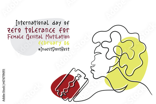 International day of zero tolerance to Female genital mutilation is observed on February 6. Continuous line art for poster to raise awareness against human right violation. Invest dont rest vector art