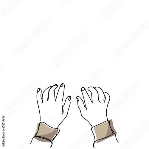  line art of two hands writing or typing. Concept art. Simple hand drawn vector isolated on white background. Hands and fingers.