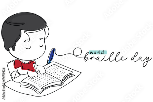 World braille day observed every year on 4th of January. Continuous line art of a kid using braille. This has enlightened the world of visually impaired individuals and given them hope. Isolated art.