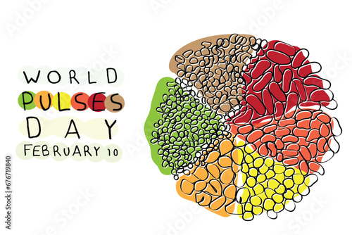 World pulses day observed on February 10. Earth day. Food day art concept. Vegan day. High protein legumes line art. Beautiful and colorful food art. Edible seeds. Staple dishes. Navy beans and lentil