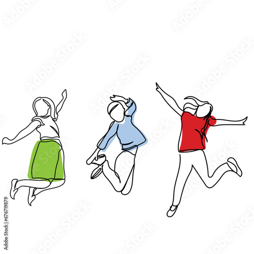 line art drawing of excited preteen kids. Adolescents jumping out of sheer joy. Cognitive developments of tweens. Positive developmental psychology. Young boys and girls vector art.