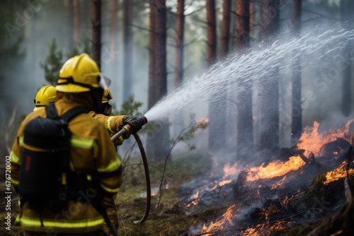 Firefighters use water to combat wildfire in forest working diligently. Crews of firefighters use water and foam to tackle forest wildfire striving to control fire using variety of methods photo