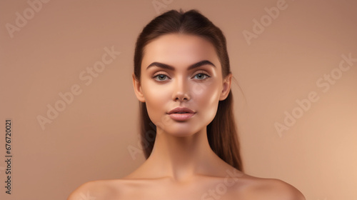 beautiful female model, space for copy text, skins are ad, smiling portrait, light background